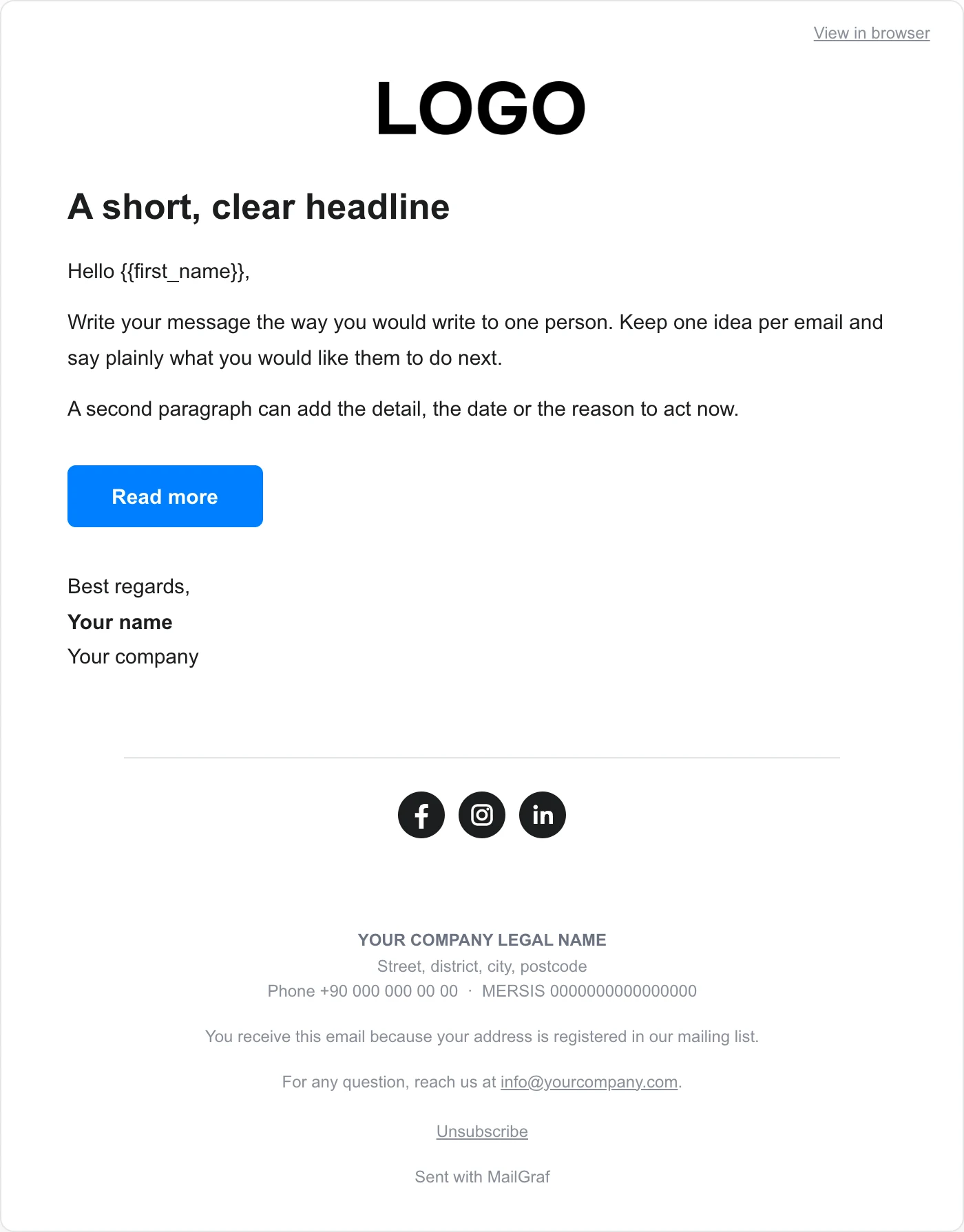 MailGraf Düz email düzeni: logo, kısa başlık, kişisel hitapla başlayan mesaj, tek buton ve imza